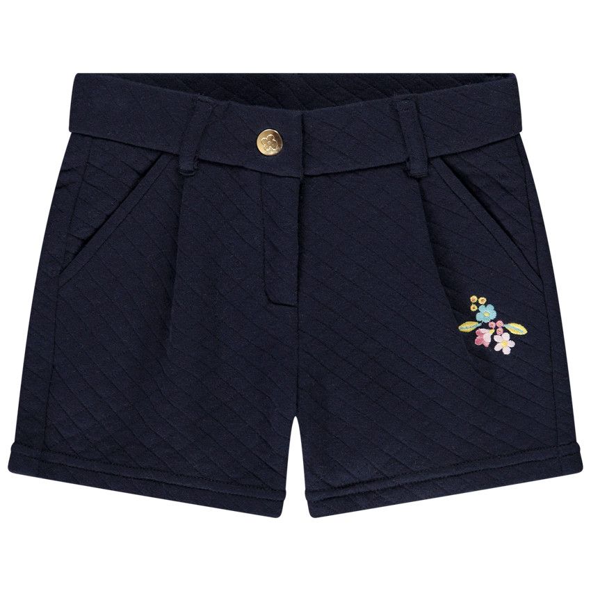 Short en molleton effet matelassé avec broderie fleur pour fille - Bleu marine