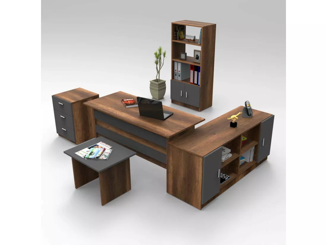 Set de bureau Drasmusse, Composition du studio, Kit de bureau, Ensemble de bureau et de tiroirs, Noyer et Anthracite