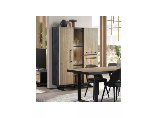Vaisselier 4 portes à LEDs Bois Clair/Béton ciré - OZALEE