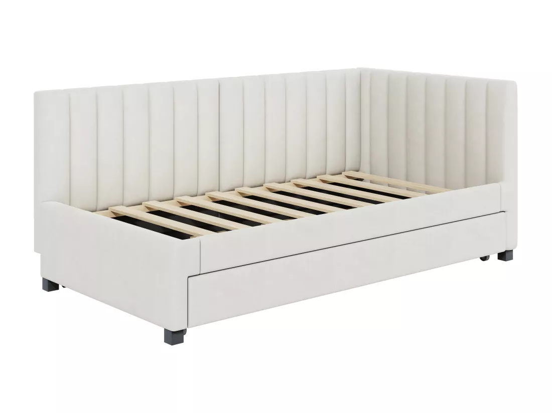 Lit simple 90x200 cm avec un lit gigogne - rembourré en velours avec sommier à lattes - Beige