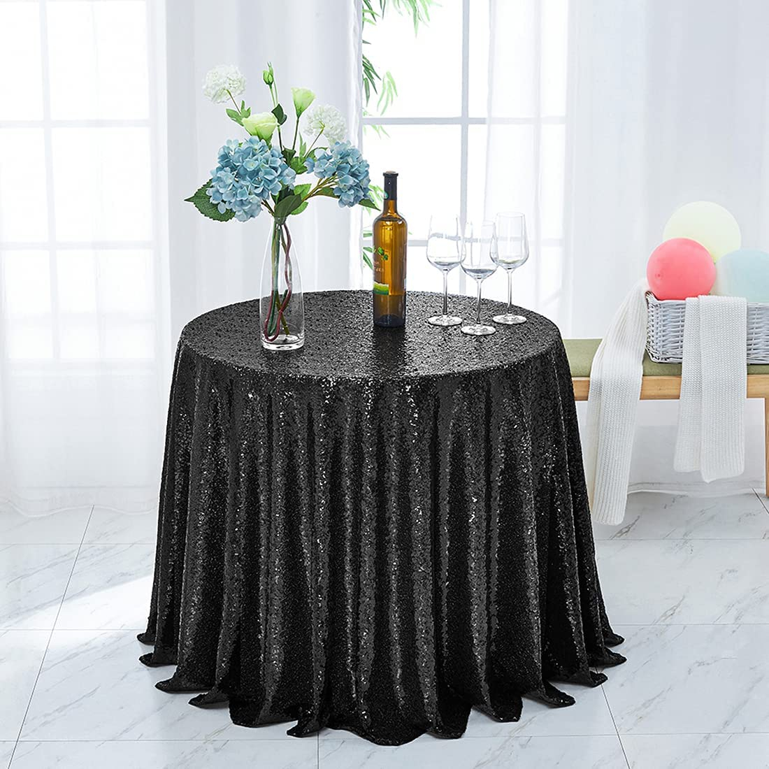 (Ø100cm) Glitzer Tischdecke Party Dekoration Pailletten Tisch Tuch - Schwarz