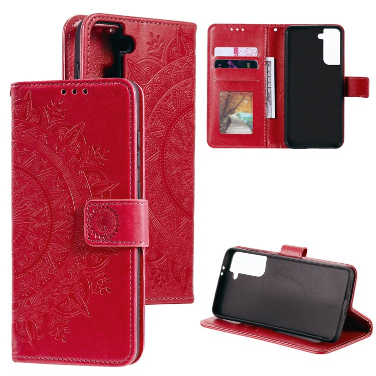 Samsung Galaxy S21 5G Leder Tasche Wallet - Mandala Flowers Imprint - Rot