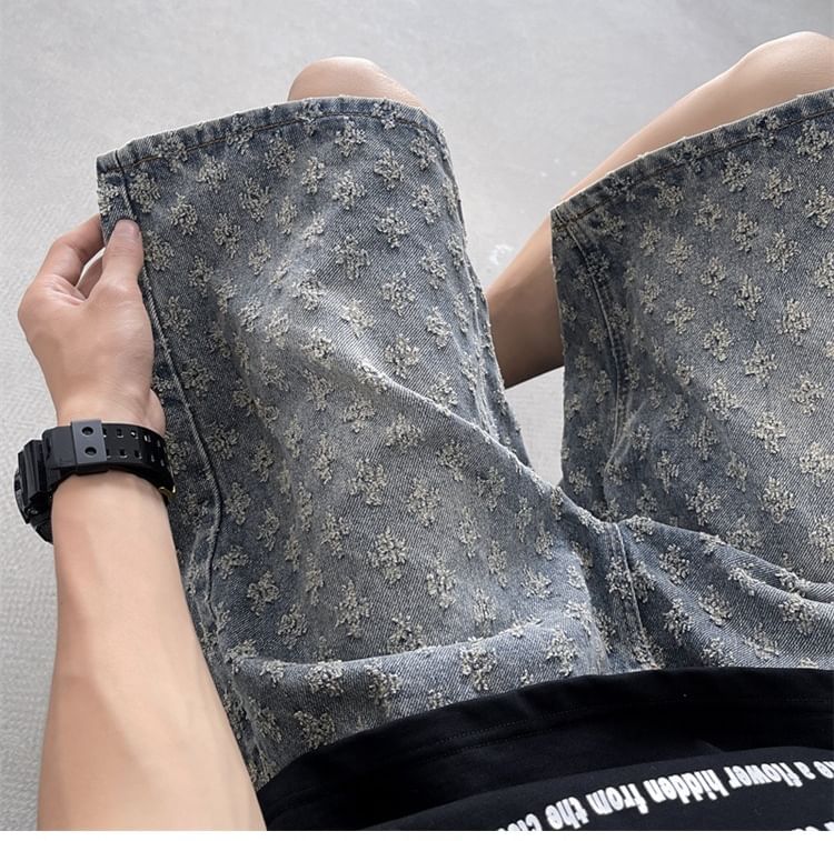 Hushgrain - Mid Rise Jacquard Washed Wide Leg Denim Shorts