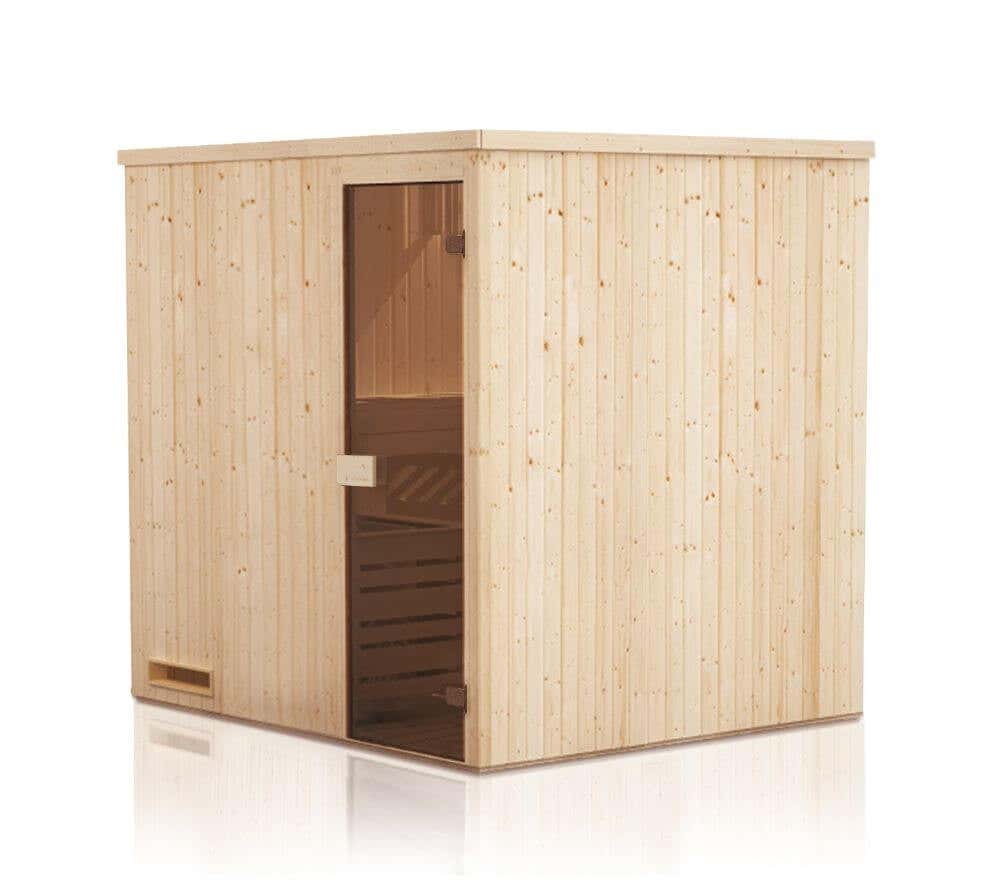 FinnTherm Cenik Indoor Sauna 1, houten banken, saunacabine met 40 mm wanddikte, stoomsauna met montagemateriaal, natuurlijke afwerking, 1,4 x 1,4 m