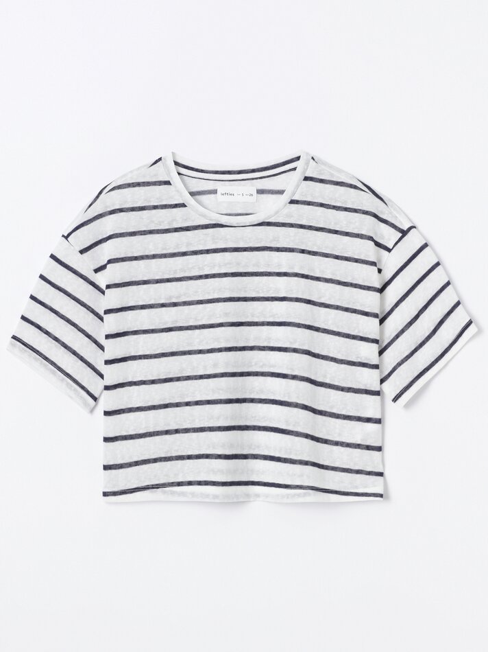 Camiseta cropped com efeito linho - Azul Médio
