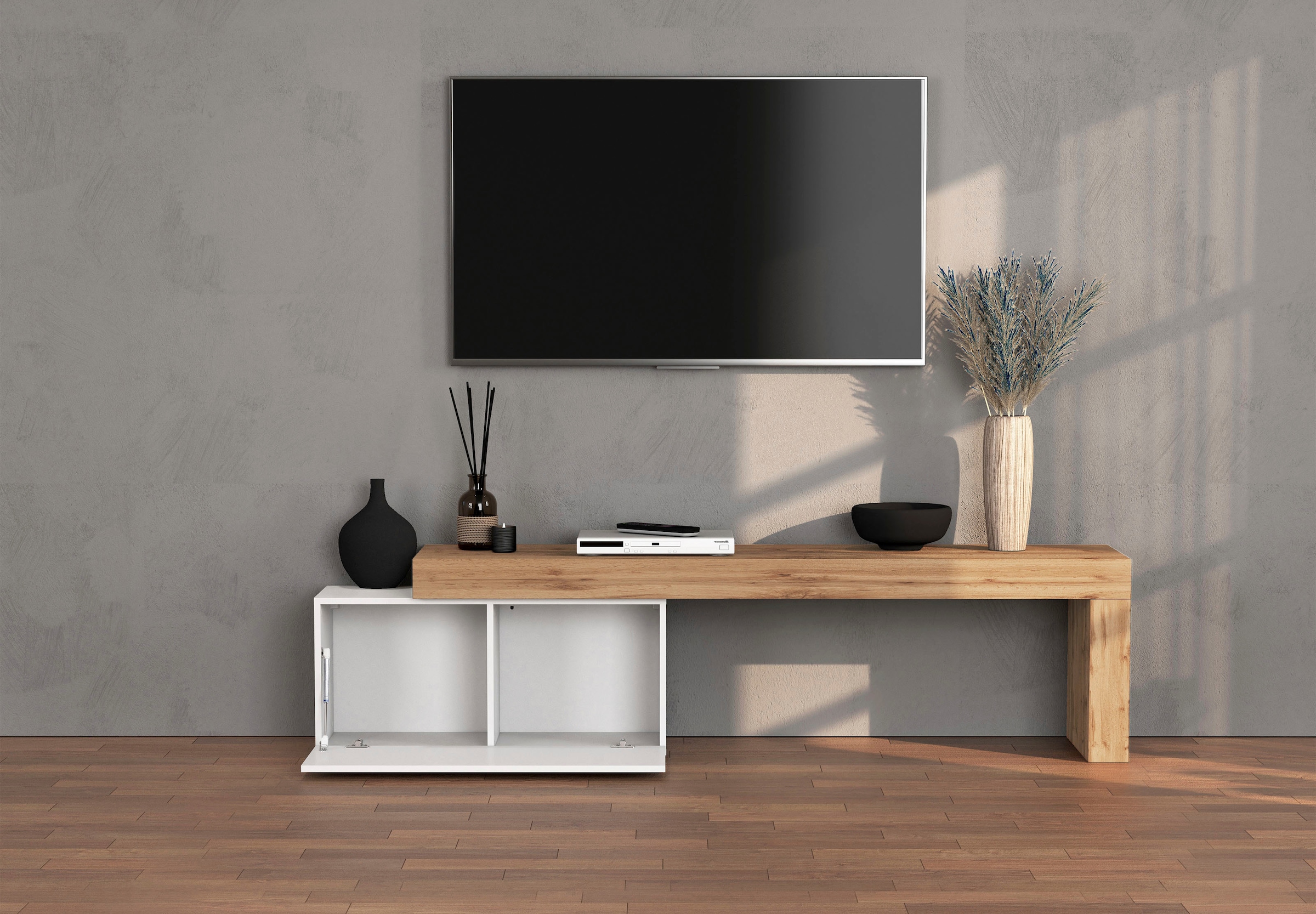 INOSIGN Lowboard »Chronos TV-Board, TV-Schrank« Breite verstellbar von 180 bis 260 cm, 1 Stk. tlg. Breite 220 cm TV-Board,Lowboard,1 Klappe und ein L-Förmiger Aufsatz