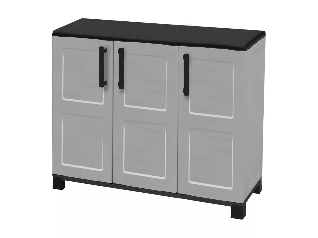 Armoire d'extérieur Pelt, Armoire de balcon polyvalente, Armoire d'extérieur 3 portes, 100% Made in Italy, 102x37h90 cm, Gris clair et noir, Finition à carreaux
