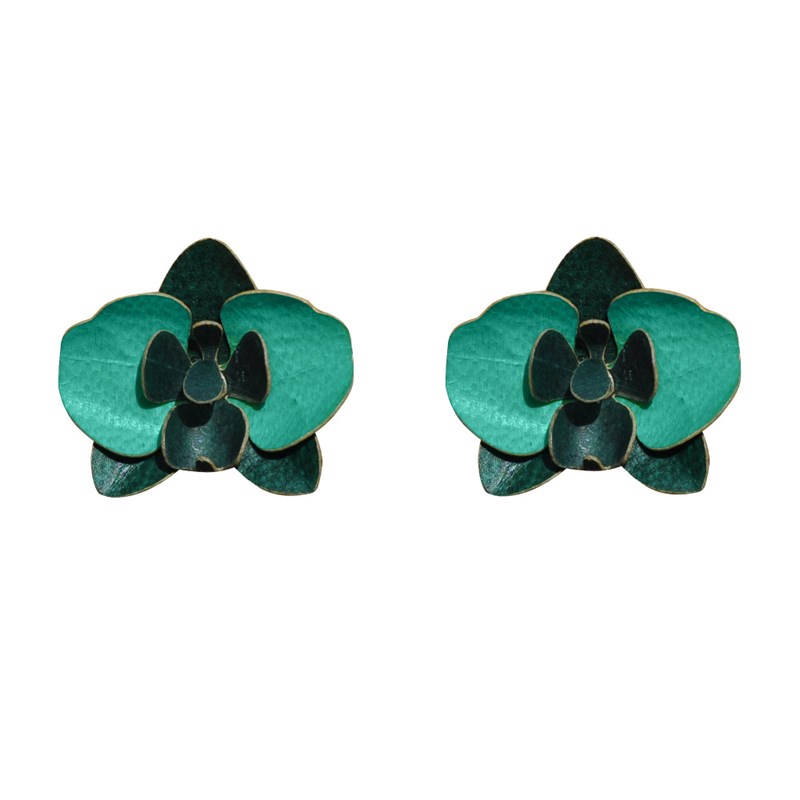 Boucles d'Oreilles Clous Laiton Orchidée en Cuir