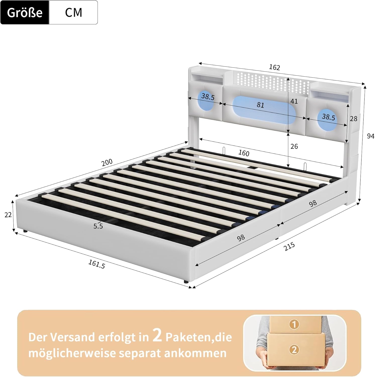 Polsterbett 160x200 mit mit Stauraum, Bett mit LED-Beleuchtung, USB-Anschluss, Eingebauter Stauraum im Kopfteil, Lattenrost, jugendbett, Hydraulisch Stauraumbett, Weiß, PU-Leder