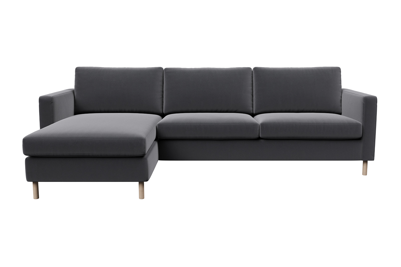 Viken sjeselongsofa 2,5-seter med sjeselong venstre i tekstil Matt Velvet 97 Grey med hvitoljet eikeben. Arm B og skum komfort.