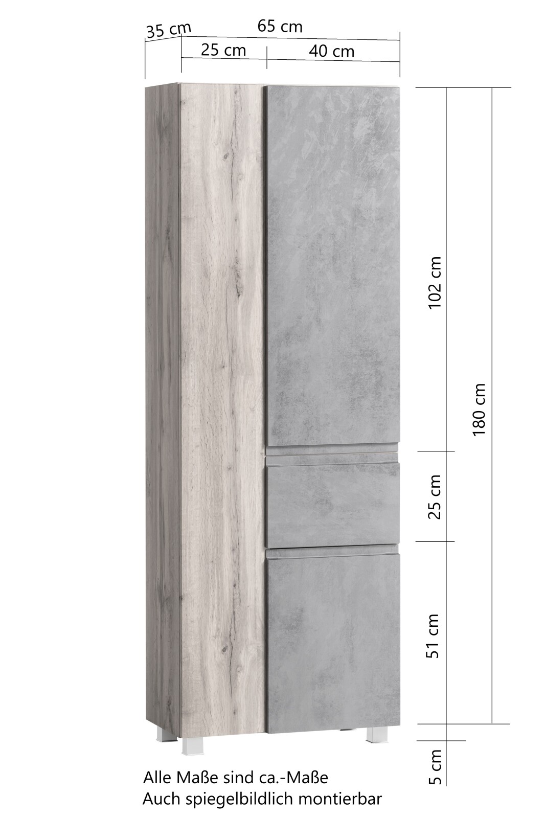 Seitenschrank - Wotaneiche - Oxid Beton - mit Auszug - 65 cm