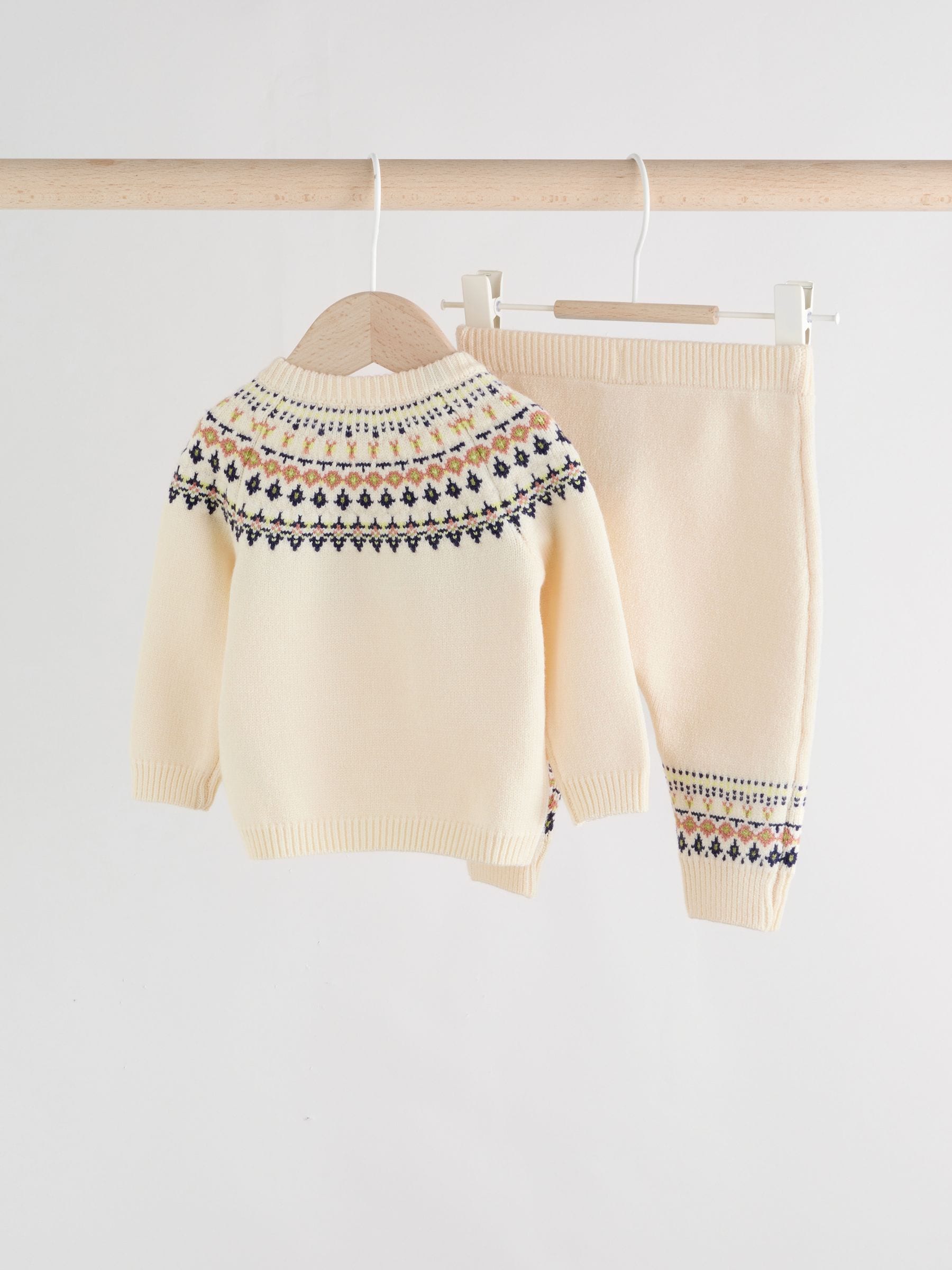 Crèmekleurig met fairislemotief - Babyset van gebreide top en legging (0mnd-2jr)