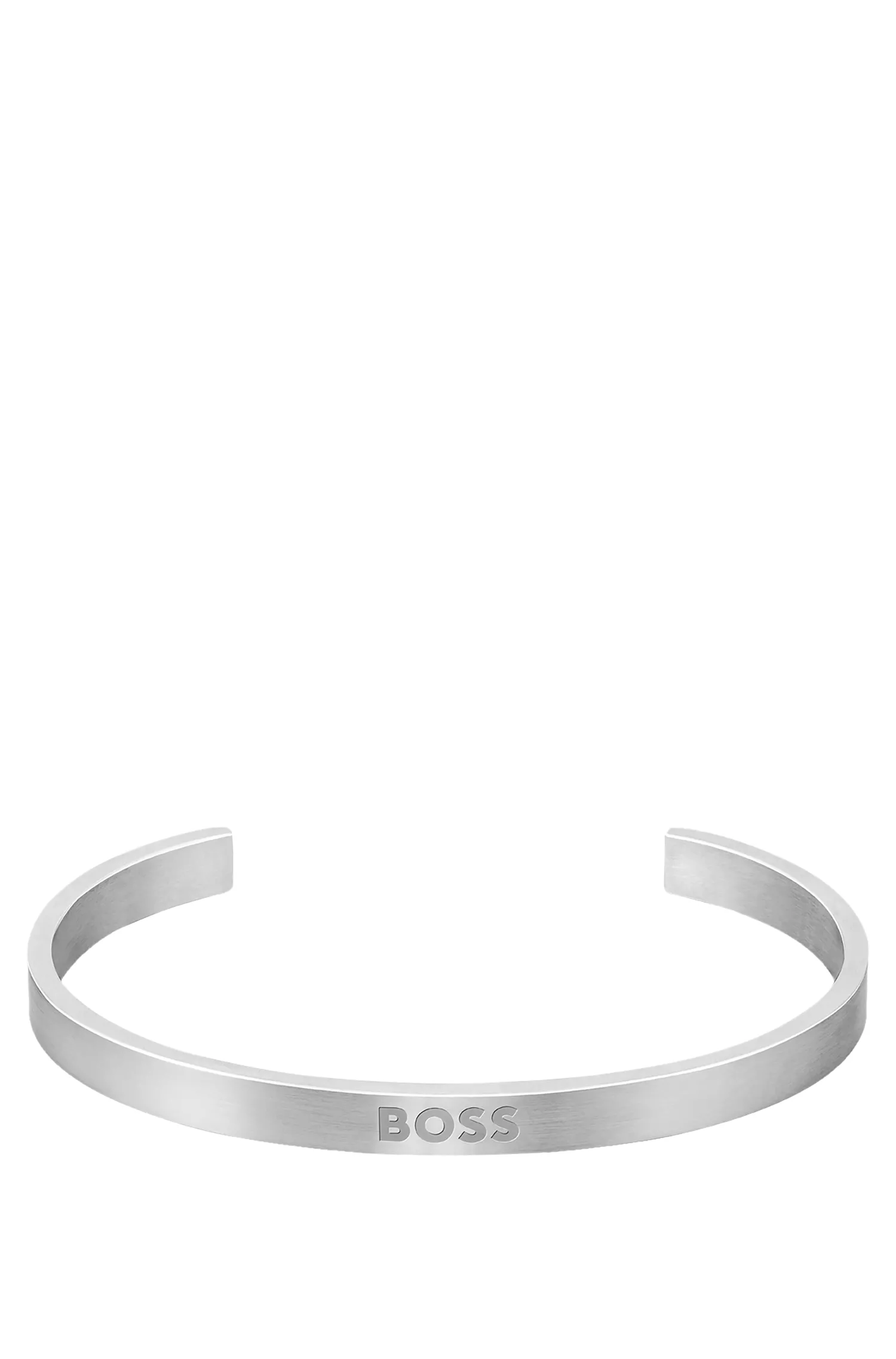 Bracelete BOSS em aço inoxidável preto com logotipo gravado.