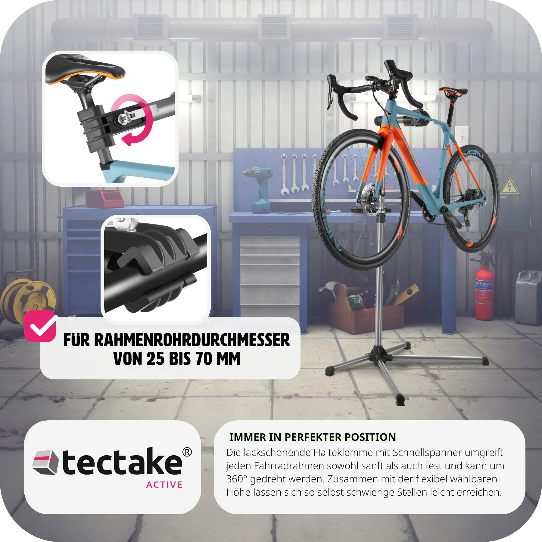 tectake® Fahrradmontageständer, für alle gängigen Modelle, lackschonend, inklusive Werkzeugablage mit Montageschlüssel