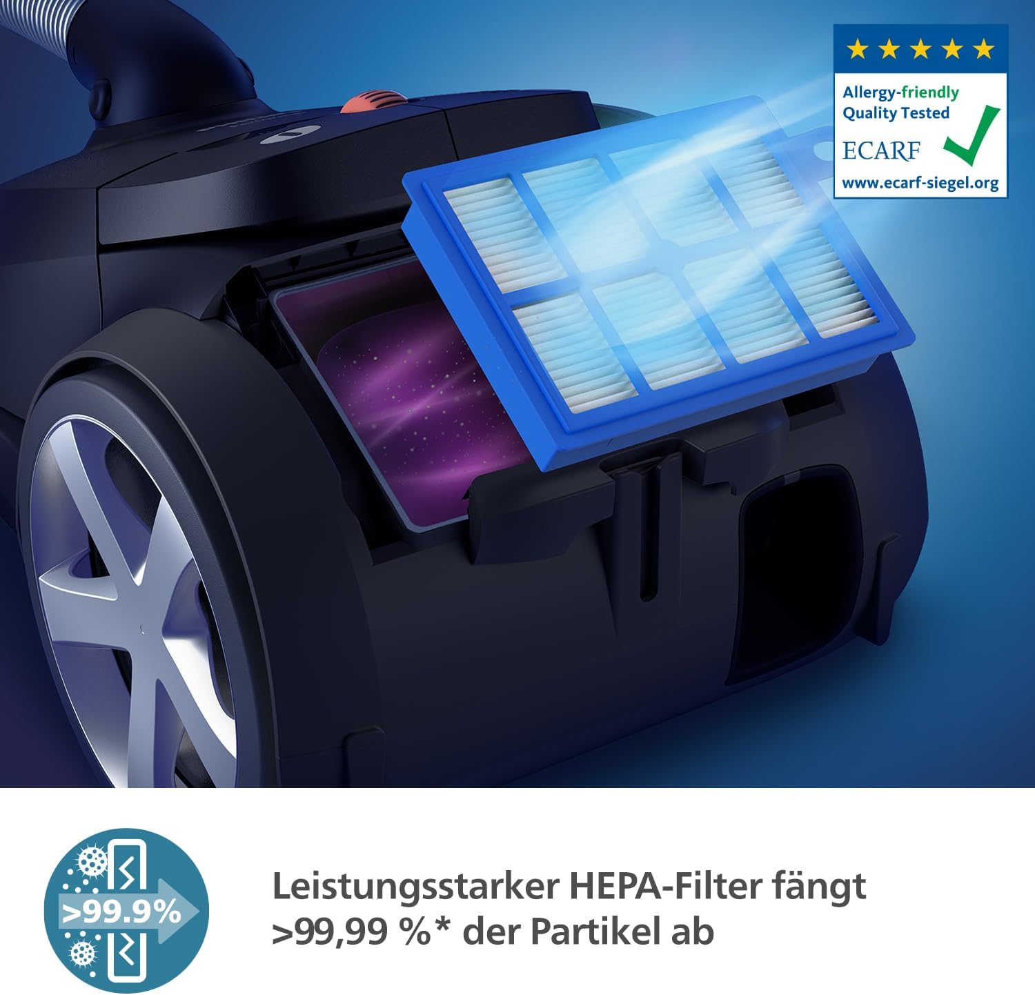 Philips 8000-Series Beutelstaubsauger Performer LED - 900 W Motor, TriActive+ LED-Düse, HEPA, 12 m, Langlebige Beutel, Deep Black (XD8122/10)