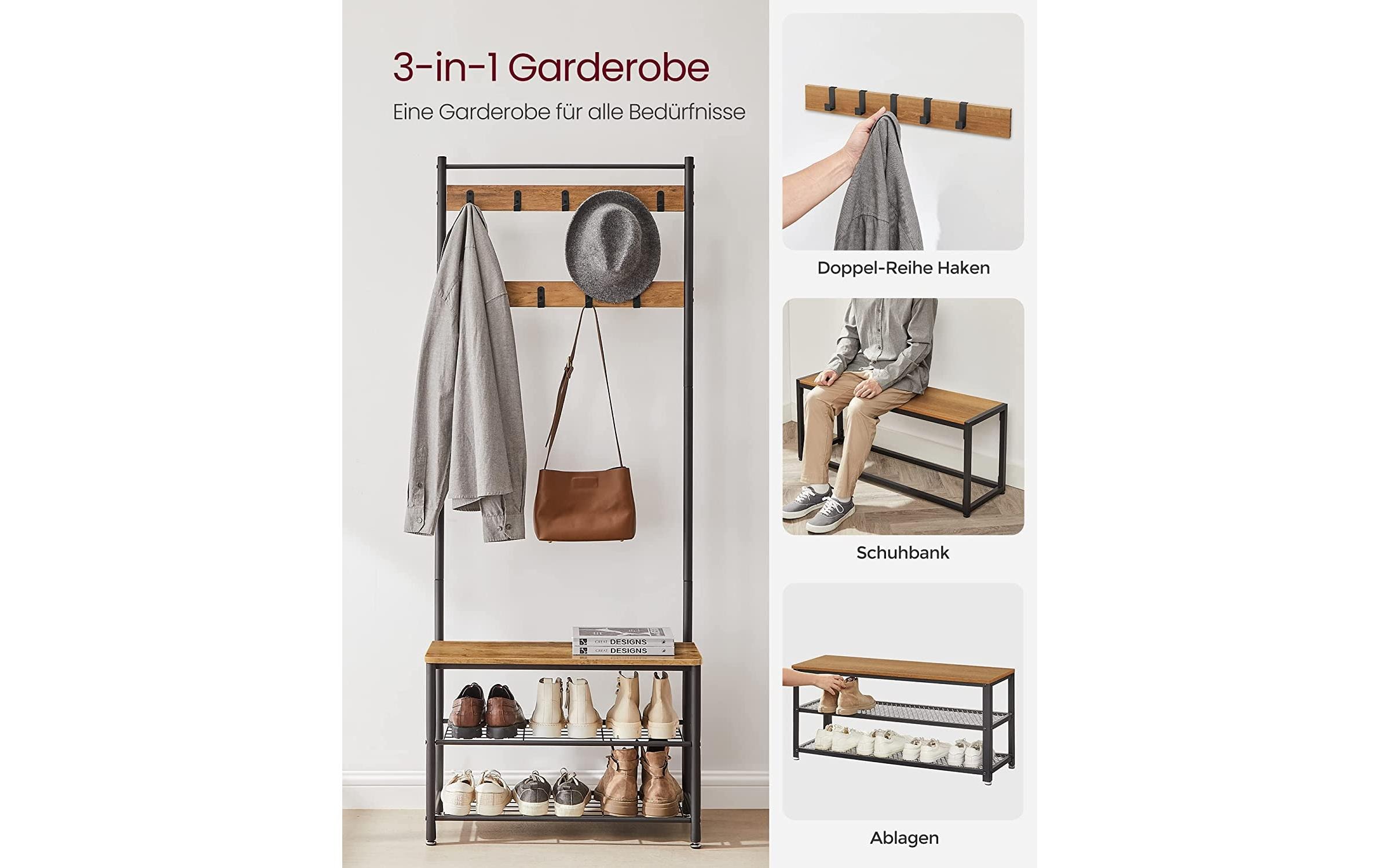 Garderobe mit Schuhregal 32 cm x 175 cm, Braun/SchwarzKleiderständer mit Sitzbank