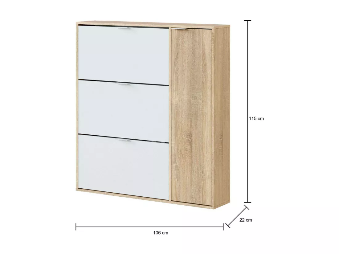Étagère à chaussures Dmagnino, armoire à chaussures 4 portes, armoire basse polyvalente avec 5 étagères, étagère à chaussures moderne, 106x22h115 cm, chêne et blanc