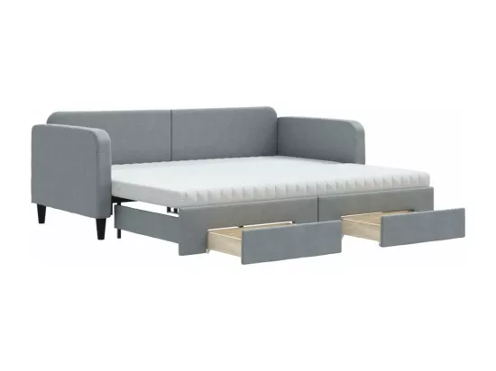 Lit de jour avec gigogne et tiroirs gris clair 90x190 cm tissu