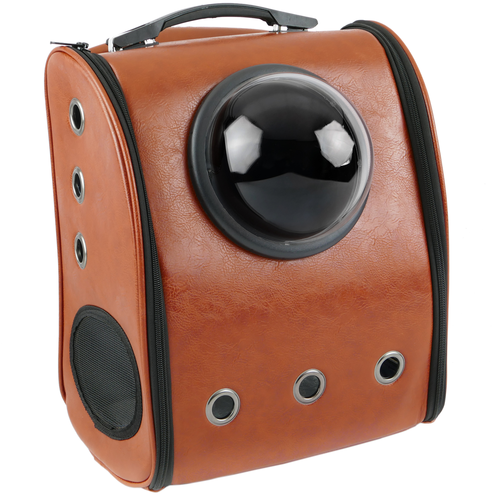 Mochila transportadora para cães e gatos, em couro sintético marrom.