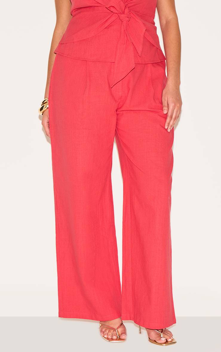 Rouge Ensemble Coordonné Pantalon En Lin À Plis Piqués Grande Taille