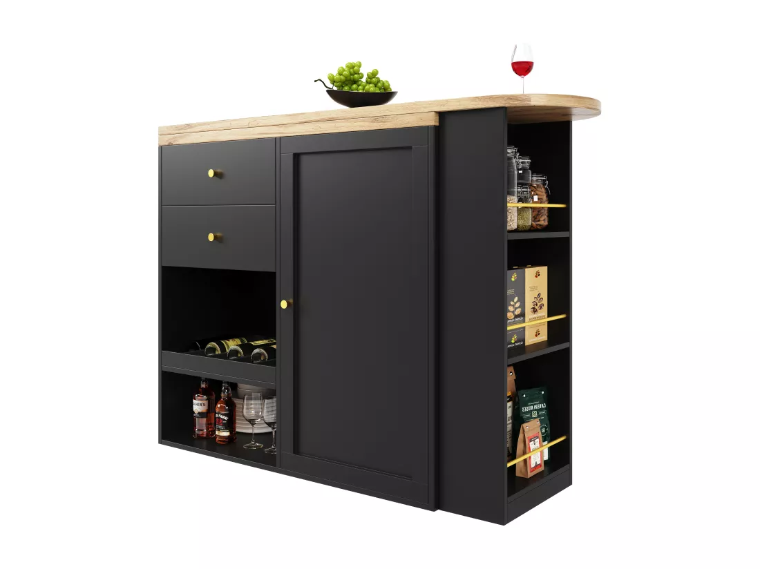 Buffet、Meuble de bar pivotant et escamotable - 2 tiroirs et 6 compartiments - Noir