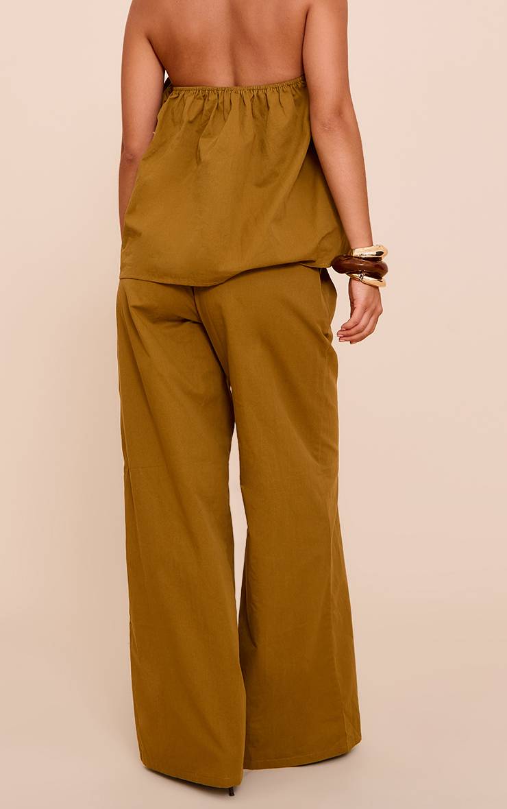 Vert Olive Pantalon Large En Coton Tissé À Taille Élastiquée