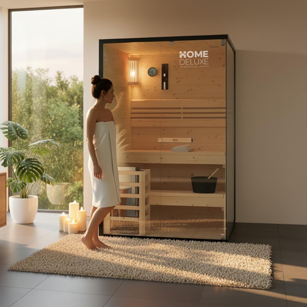 Home Deluxe - Traditionelle Sauna - Shadow M - 120 x 120 x 190 cm - für 2 Personen - hochwertiges Fichtenholz, inkl. Saunaofen, Saunazubehör I Dampfsauna Aufgusssauna Finnische Sauna Bio Sauna