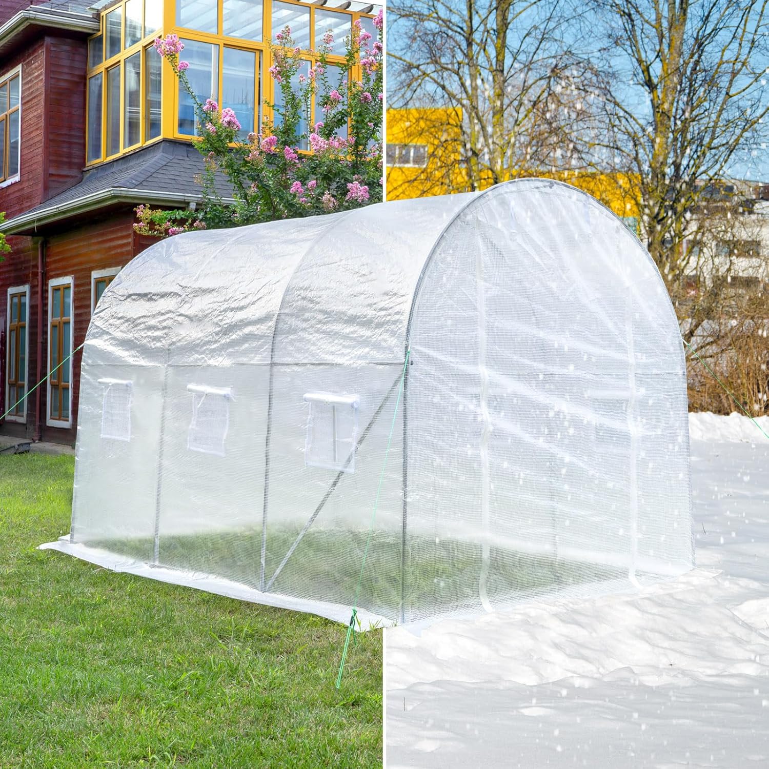 WOLTU Gewächshaus, Foliengewächshaus für Aufzucht Tomaten, Tomatenhaus Winterfest mit Tür 6 Fenstern, aus Stahlrohr PE, 200 x 200 x 300 cm, Weiß