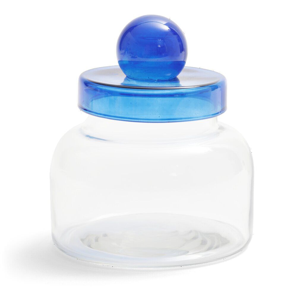Boîte en verre transparent + couvercle bleu Ø12xH16cm