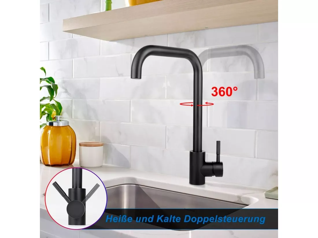 NETTLIFE Robinet de Cuisine mitigeur en Acier Inoxydable avec Poignée Unique, à Haute Pression, Robinet de Cuisine Pivotant à 360 °，Noir