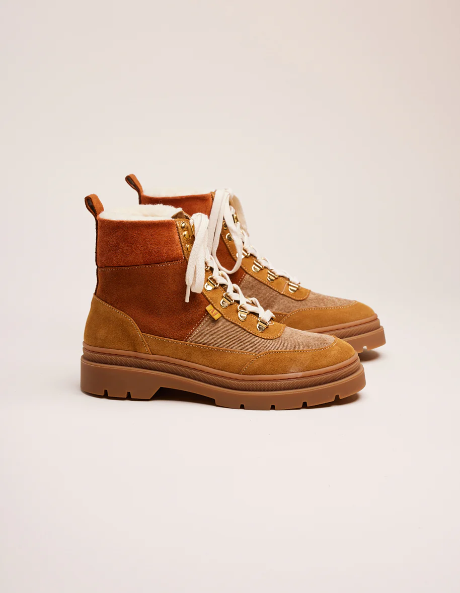 Bottines à lacets Joelle - Suède fourré et velours camel ambre