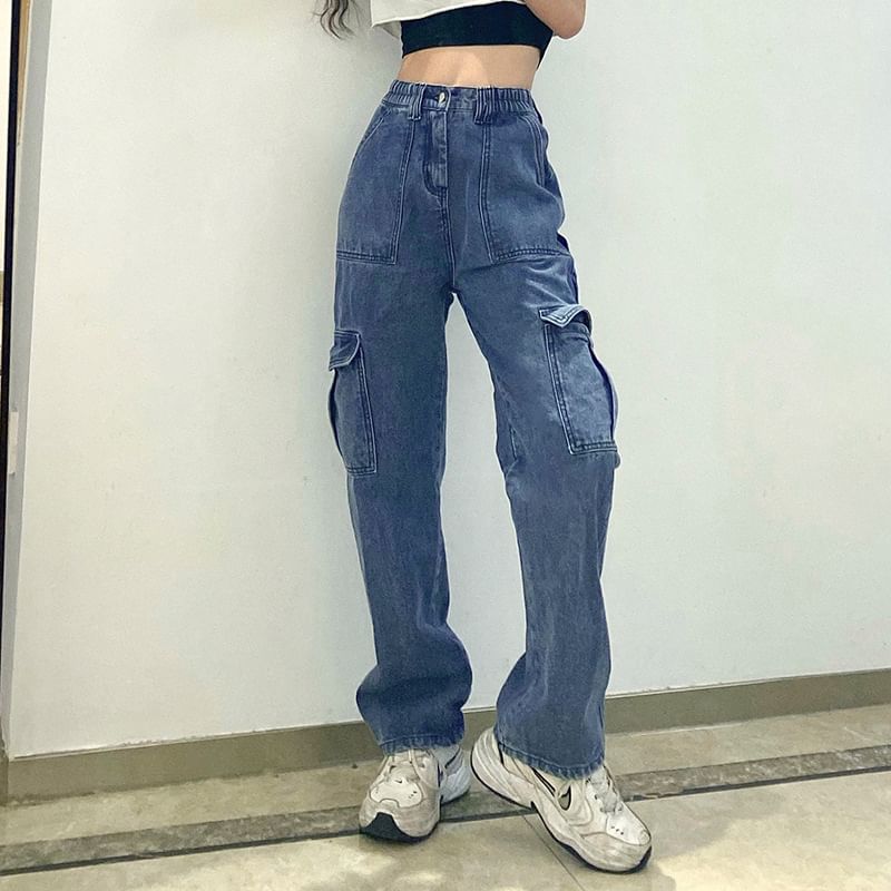 BrickBlack - Hoge taille contrasterende stiksels rechte jeans