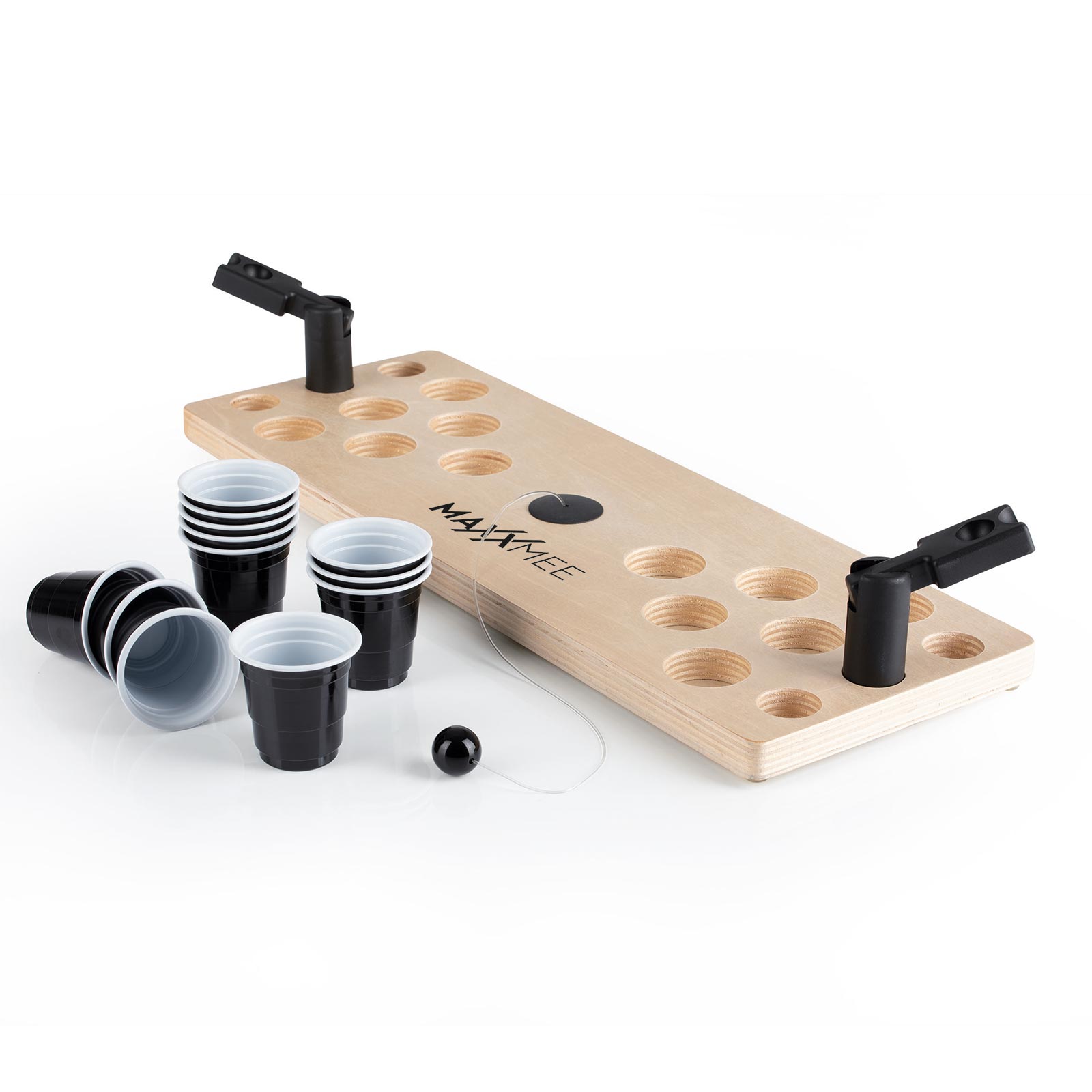 MAXXMEE Tischspiel Bier Pong - holzfarben-schwarz - Holzbrett - Ball mit Seil - 24 Trinkbecher