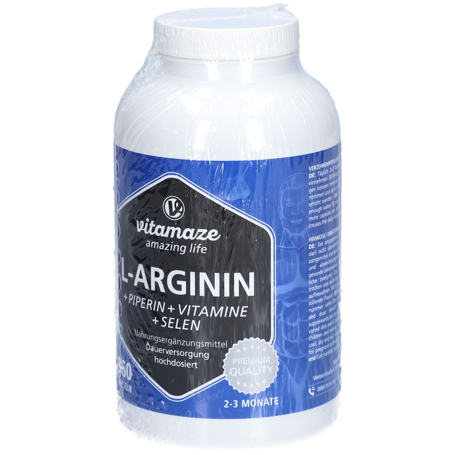 L-ARGININ 750 mg hochdosiert + Piperin + Vitamine