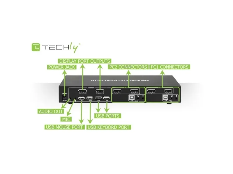 TECHly 2-Port DisplayPort1.2 Dual-Monitor KVM Switch - KVM / audio / USB switch - 2 x KVM / audio - 1 lokalbruger - desktop