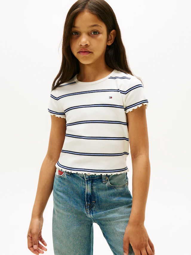Tommy Hilfiger T-Shirt »ESSENTIAL RIB TOP mit Babylock-Kanten und Stickerei«, unifarben, casual, regular fit, Baumwollmix, Rundhals