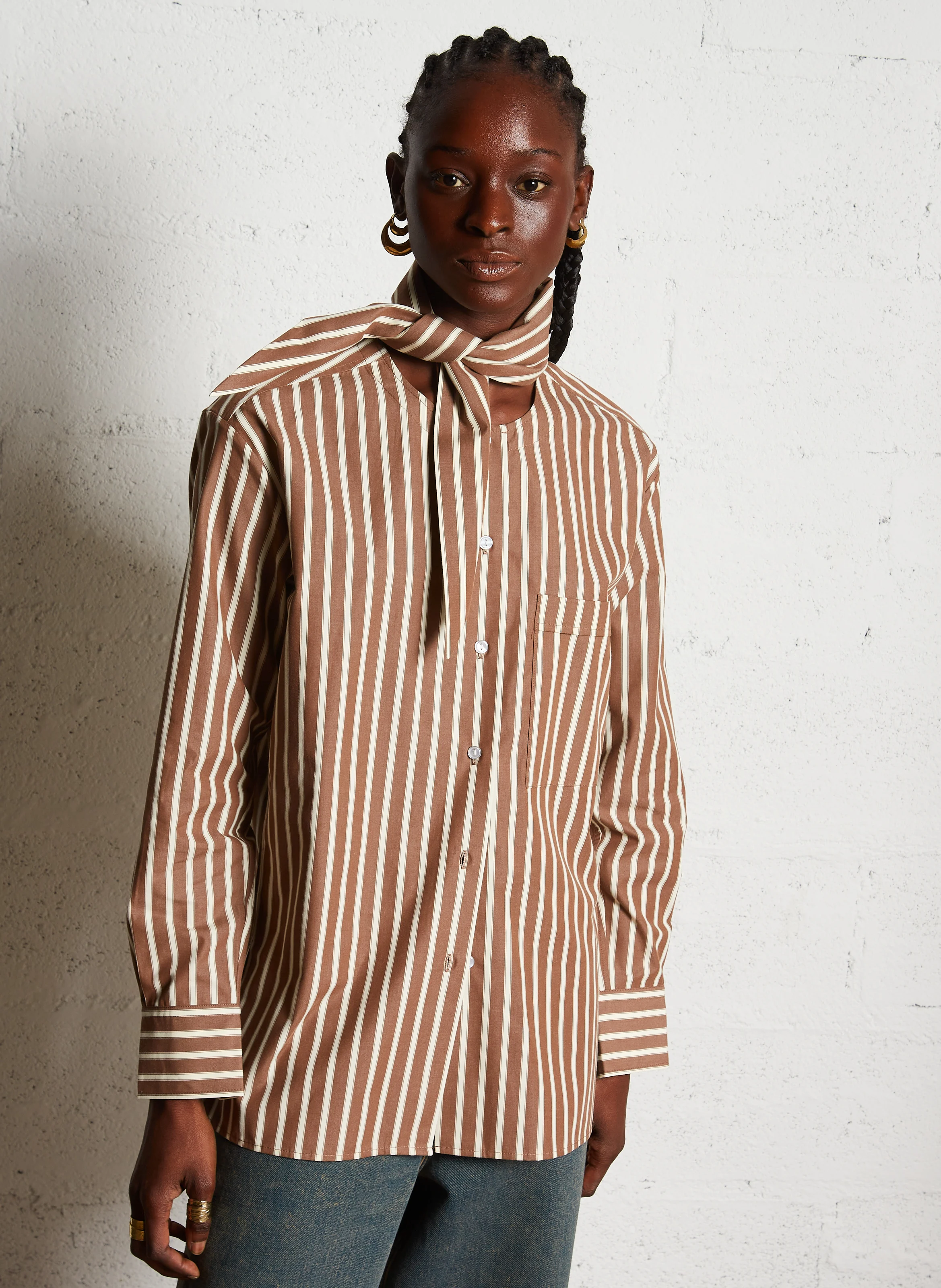 CUMAA - Chemise ample col amovible en coton rayé | Marron