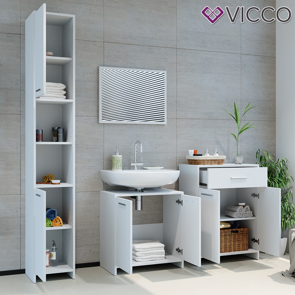 VICCO Badmöbel Set KIKO Weiß - Badezimmer Badspiegel Hochschrank Beistellschrank