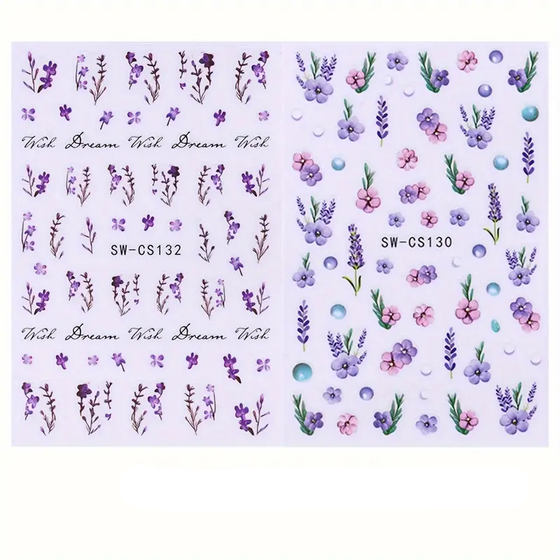 (121-tlg. Set) Nagel Sticker Nail Art Tattoo Selbstklebende Aufkleber Blumen - Lila