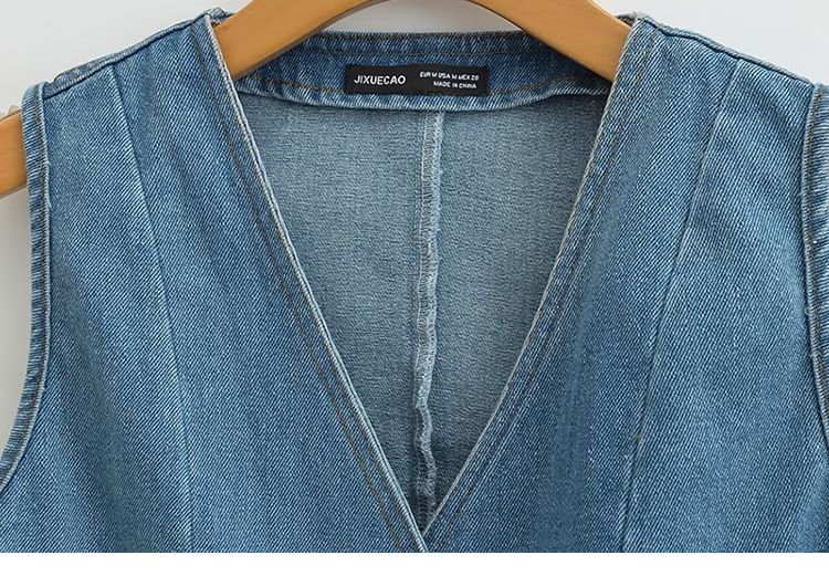 SugaYuja - V-hals gewassen denim vest met knopen