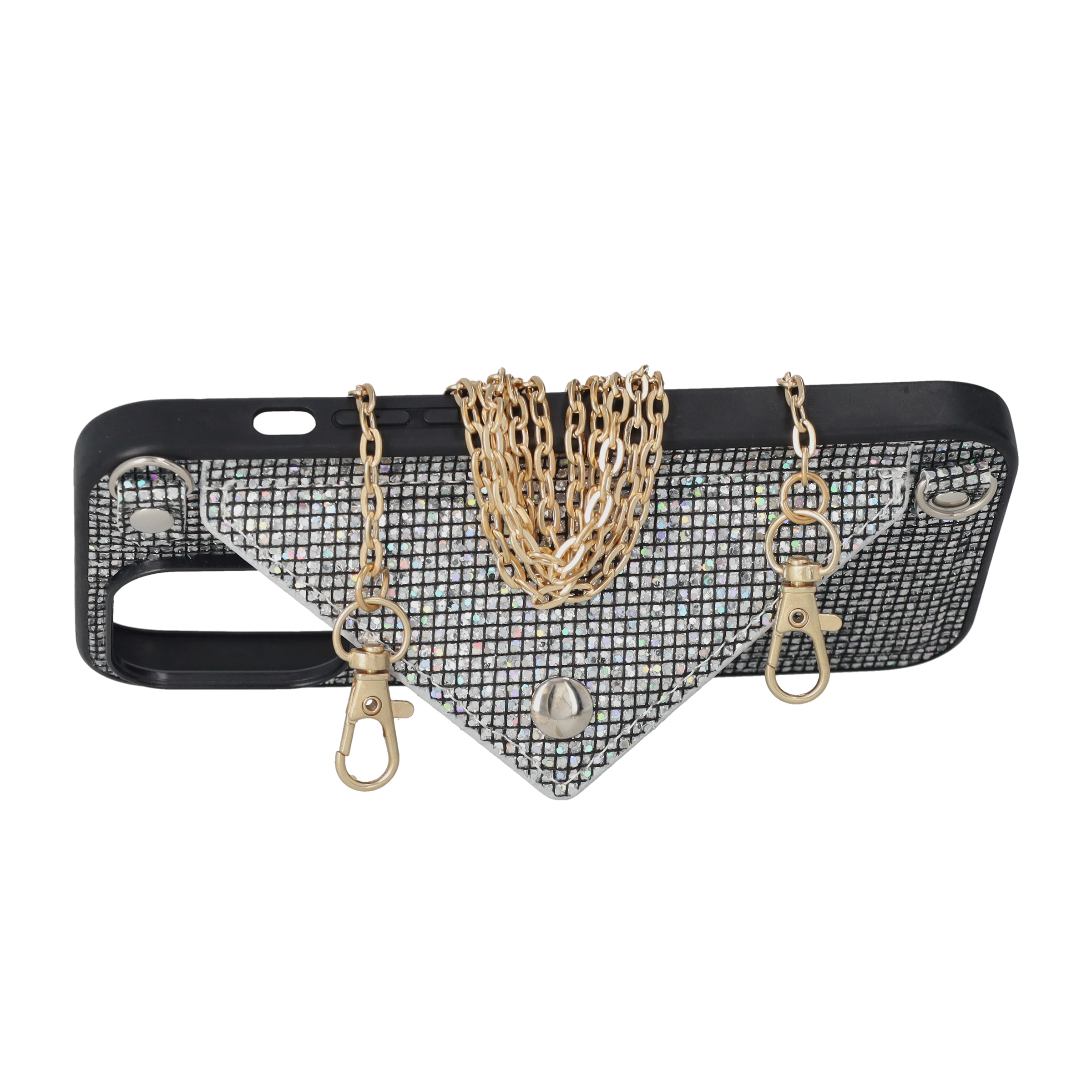 iPhone 14 Pro Necklace Schutz Hülle mit Kartenfach   Handykette (115cm) - Schwarz (Glitzer)