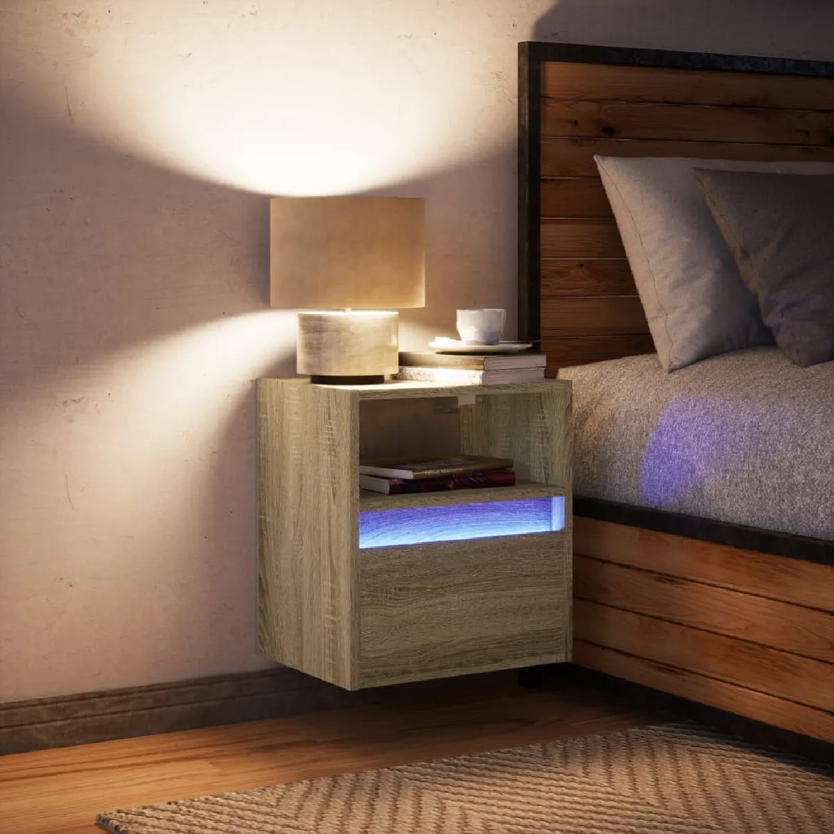vidaXL Table de Chevet Murale LED - Chêne Sonoma