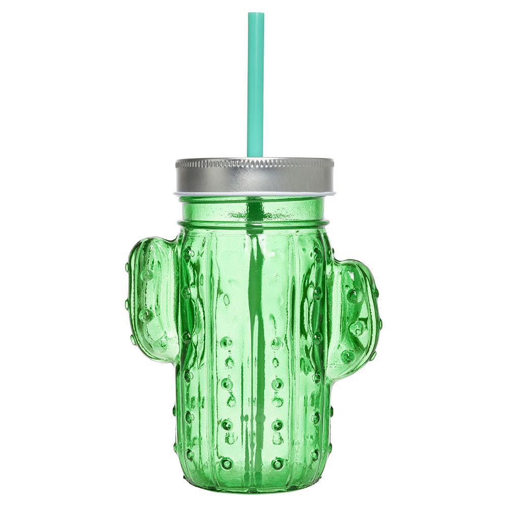 Gobelet en verre avec paille forme cactus ou fraise Ø10xH12,5cm