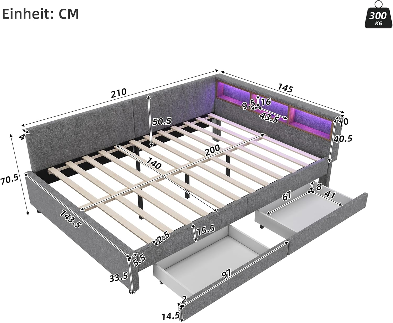 Merax Schlafsofa Tagesbett 140x200 cm mit Zwei Schubladen, 16-farbige LED-Lichtstreifen, USB+Type-C, Ablagefach am Bett, Bettrahmen mit Lattenrost (ohne Matratze), Leinen, Grau