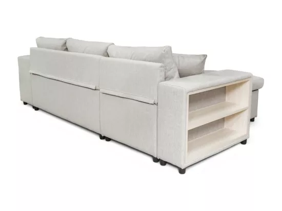 Canapé d'angle MADY convertible avec coffre, accoudoir étagère et poufs droit en tissu beige
