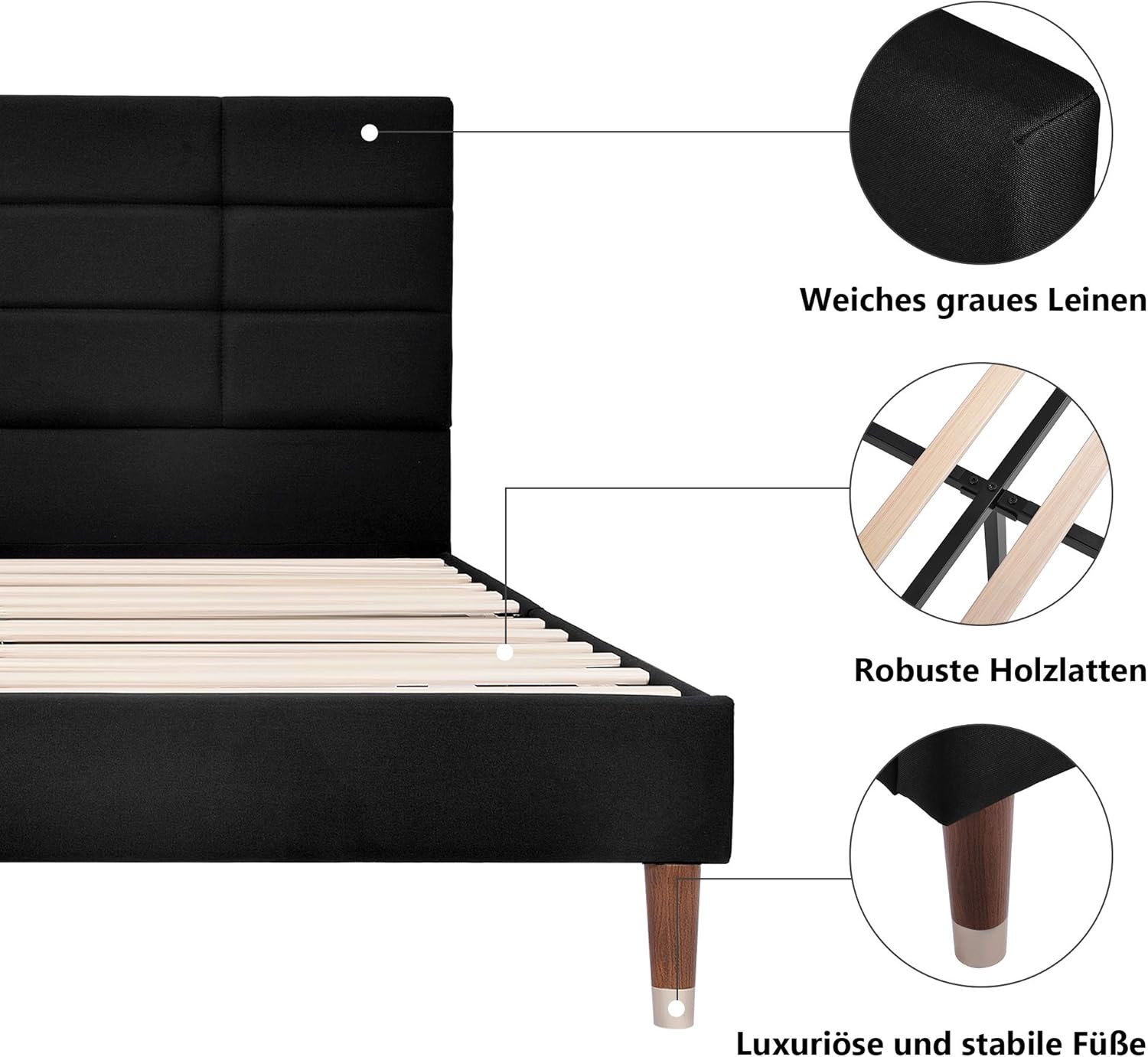 Merax Polsterbett 140x200 cm, Doppelbett, Bett mit Bettkasten Lattenrost, Gepolstertes Bettgestell mit Kopfteil, in Schwarz Leinen, für Erwachsene&Jugendliche(Matratze Nicht enthalten) PC9597831