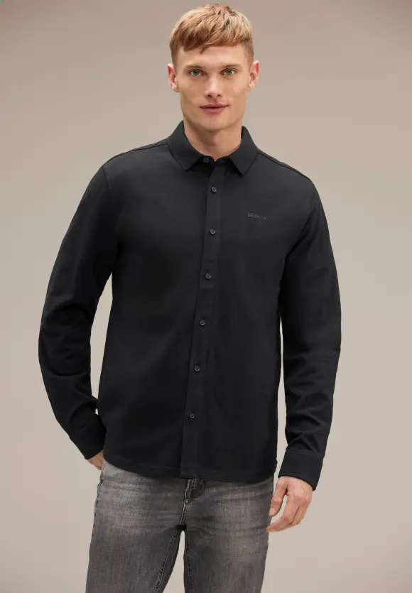 Piquée Langarmshirt - Black