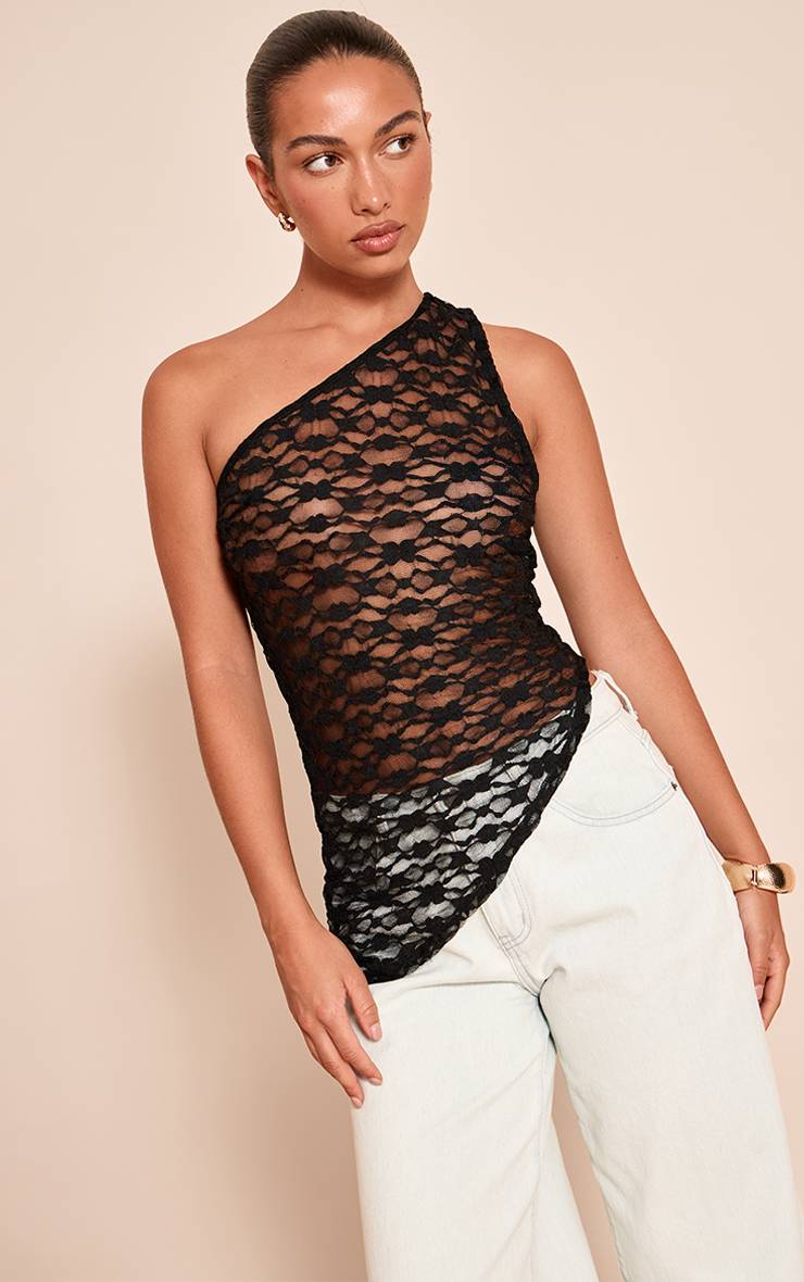 Noir Top Asymétrique Sans Manches En Dentelle Texturée