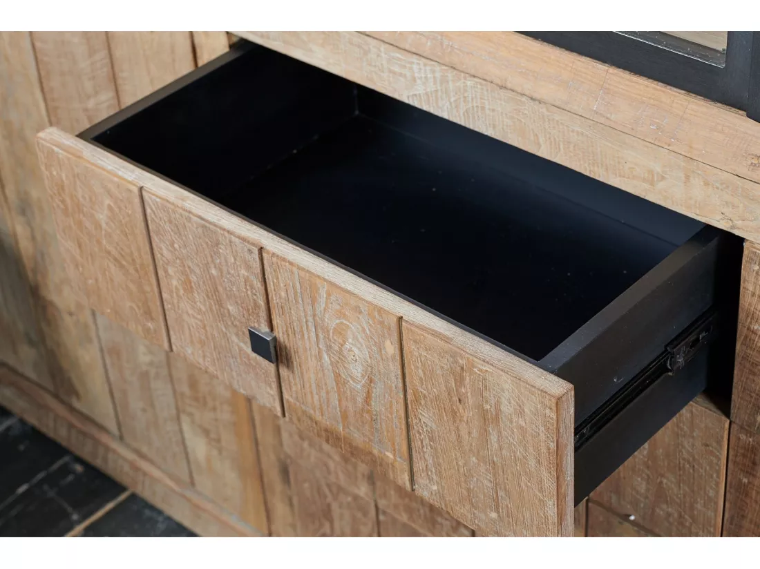 Buffet vaisselier en bois recyclé 3 portes 4 tiroirs éclairage LED - LINAS