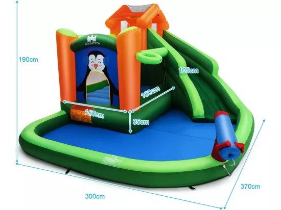 Château Gonflable avec Toboggans Aquatiques, Aire de Jeux Gonflable Piscine avec Motif de Boisgouin, Canon à Eau, Panier de Basket-Ball 3 à 10 Ans Vert Sans Souffleur 680W